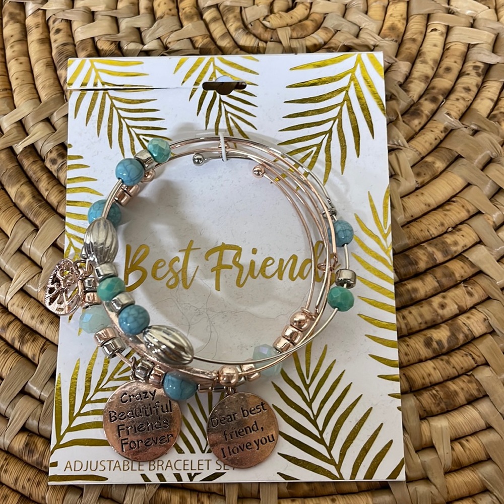 Best Friends bracelet with teal and blue beads. Rose and silver coating.